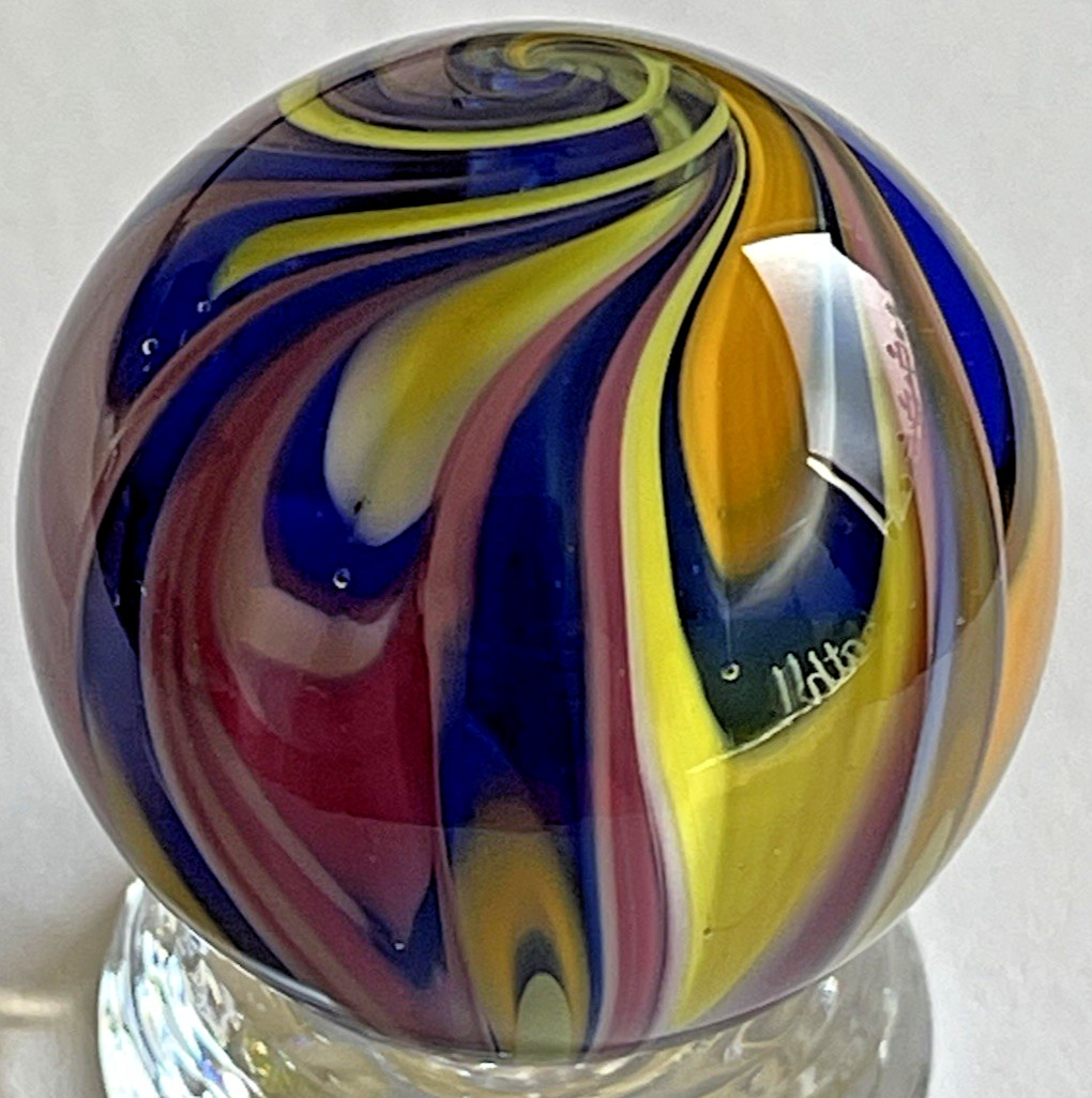 VTG SAM HOGUE MARBLE SIGNED 05 HANDMADE GLASS ART 1.49 BLUE ORANGE YELLOW PINK