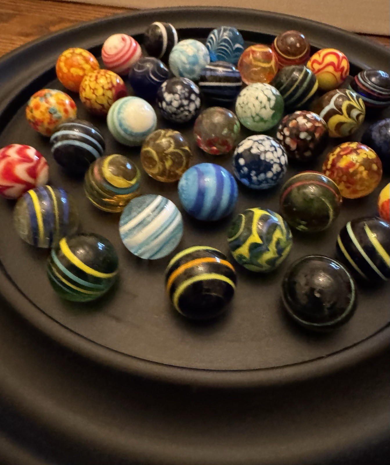 Solitaire Di Venezia Hand Blown Glass Marbles 38 w/Black Wood Base Board
