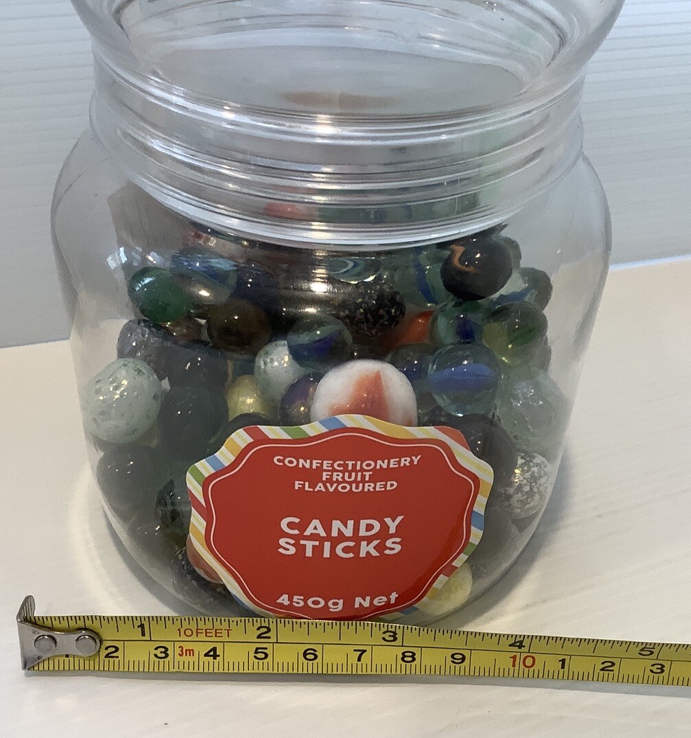 Marbles Glass In Large Candy Plastic Jar Lot 3 Toys Tom Bowlers