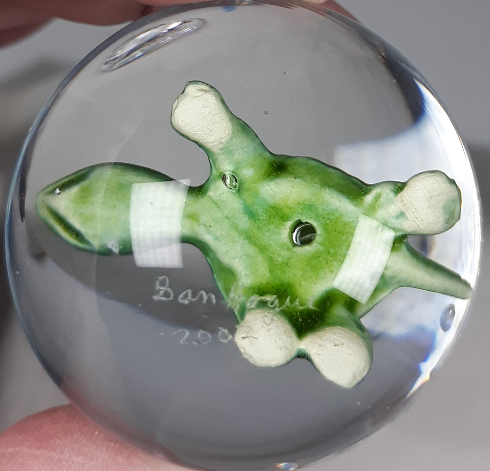 Sammy Sam Hogue Sulphide Green Turtle Glass Marble with Hogue Stand 1.80″