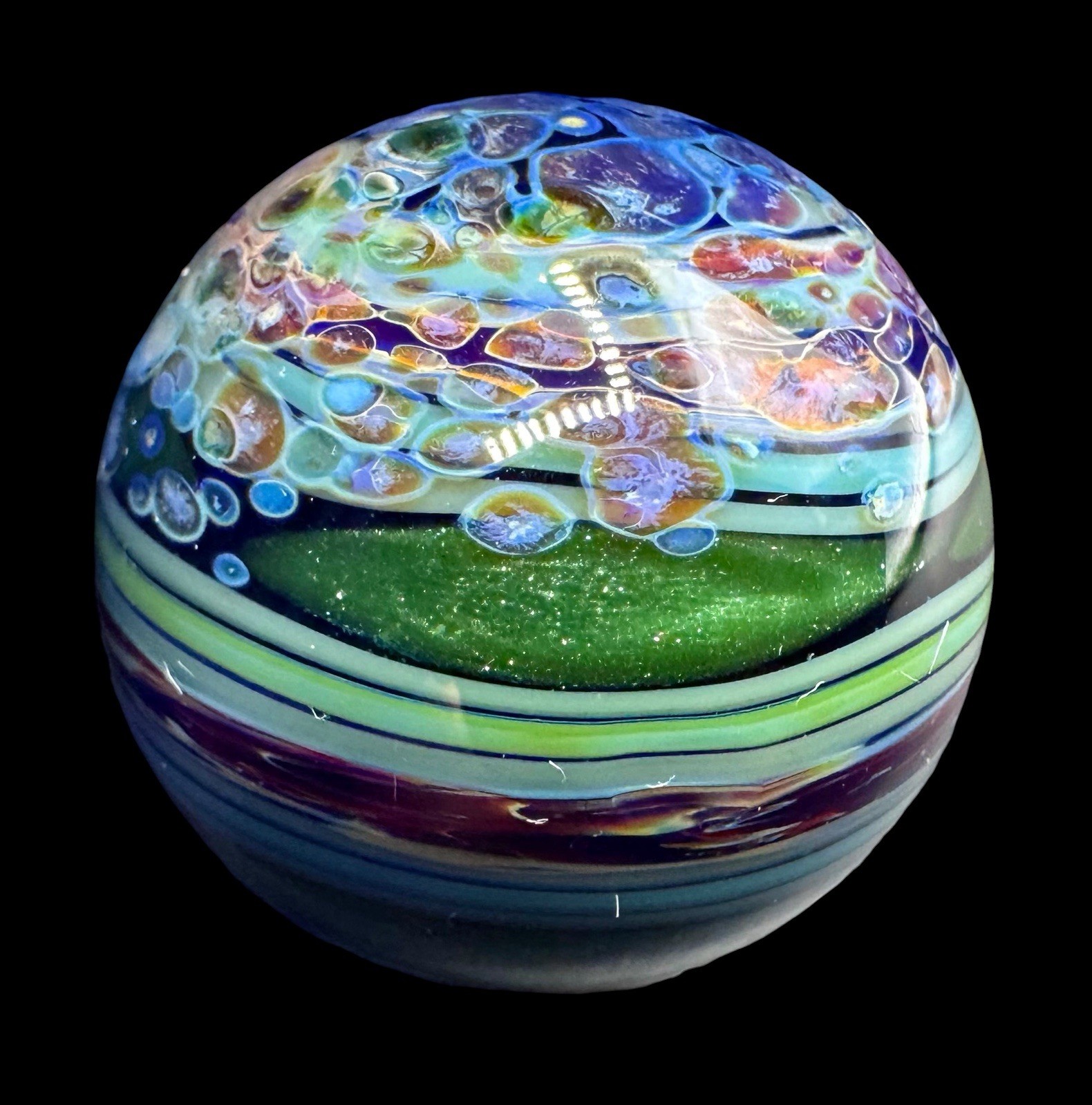 Contemporary Handmade Art Glass Marble 1.03″ Planet Blue Purple Green Lutz Swirl