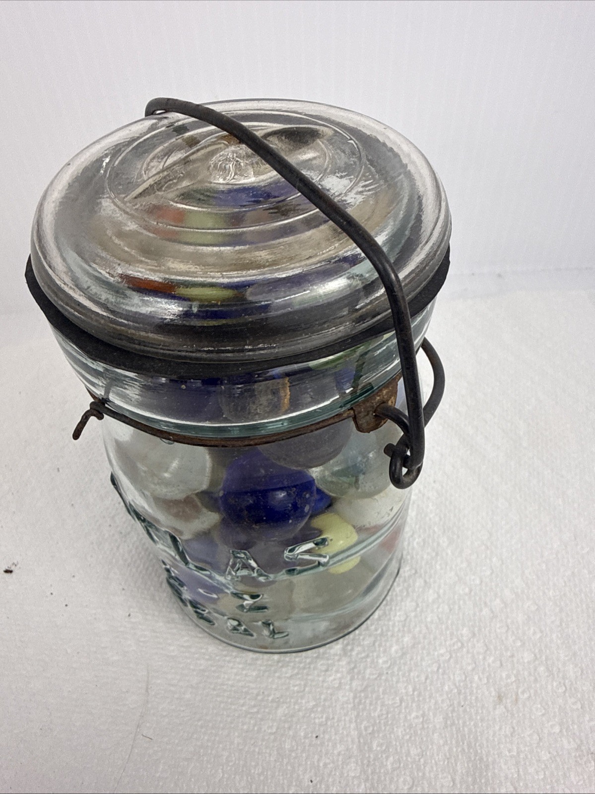 Pint Jar Full of Vintage Marbles in Antique Atlas E-Z Seal , Wire Bail, And Seal