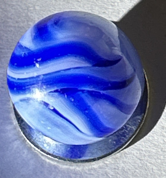 Vintage Akro Agate Peltier Art Blue Flames Swirl Glass Marble .61” White 16mm