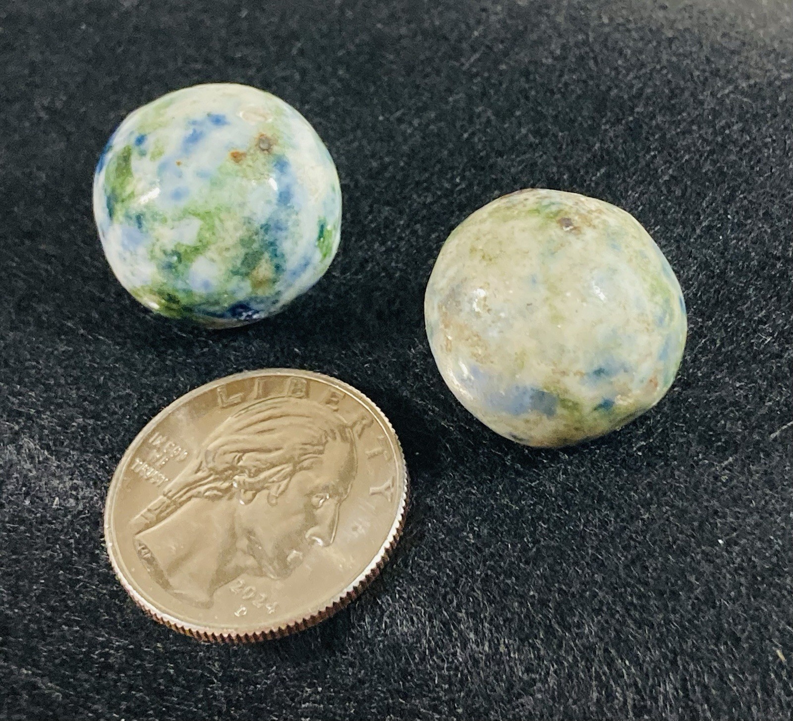 2 ANTIQUE VINTAGE BENNINGTON MARBLES FANCY MULTICOLORED 1800’s HANDMADE GLAZED