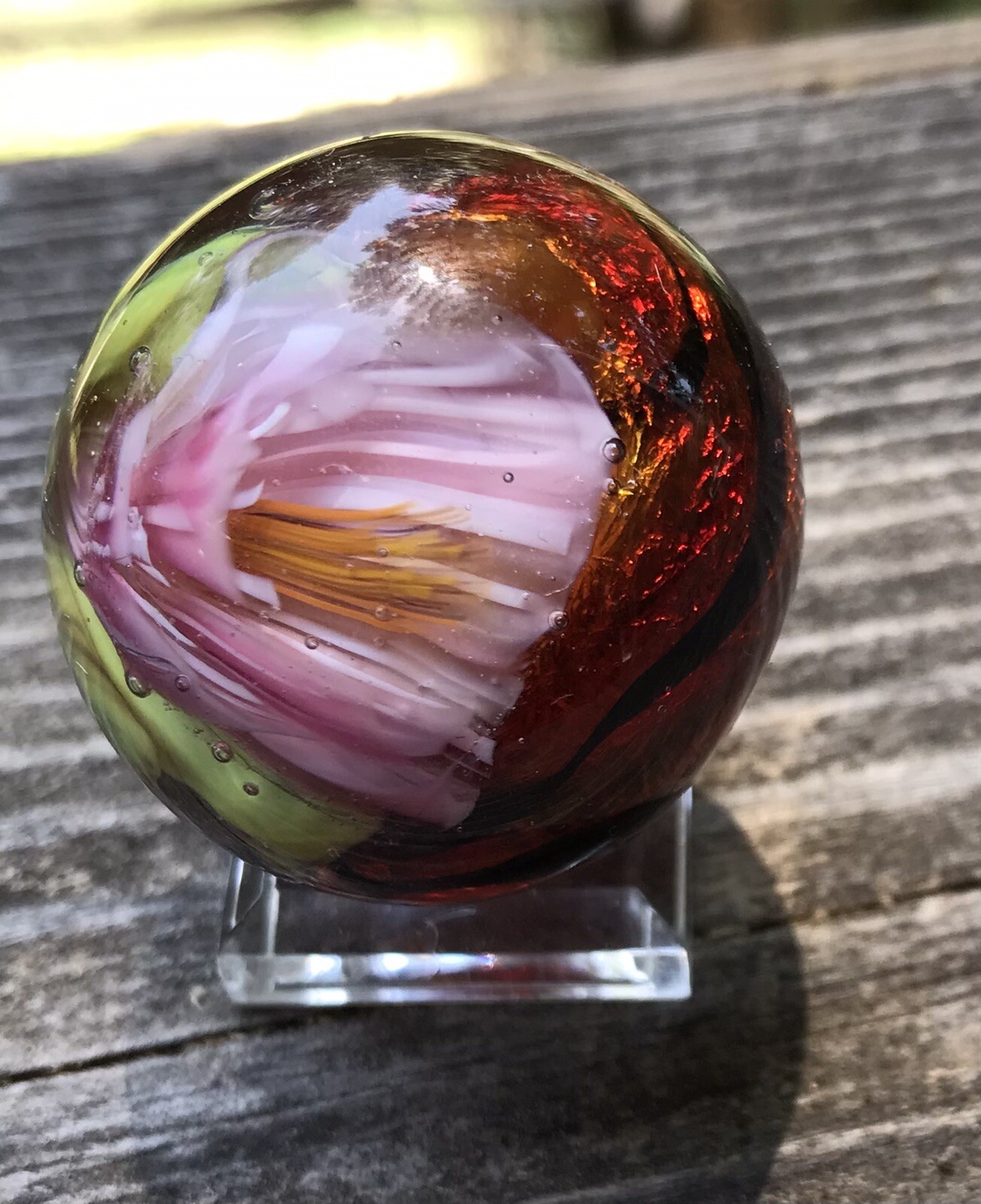 handmade art glass marble Experimental Pink Flower Silver Foil Made In KC