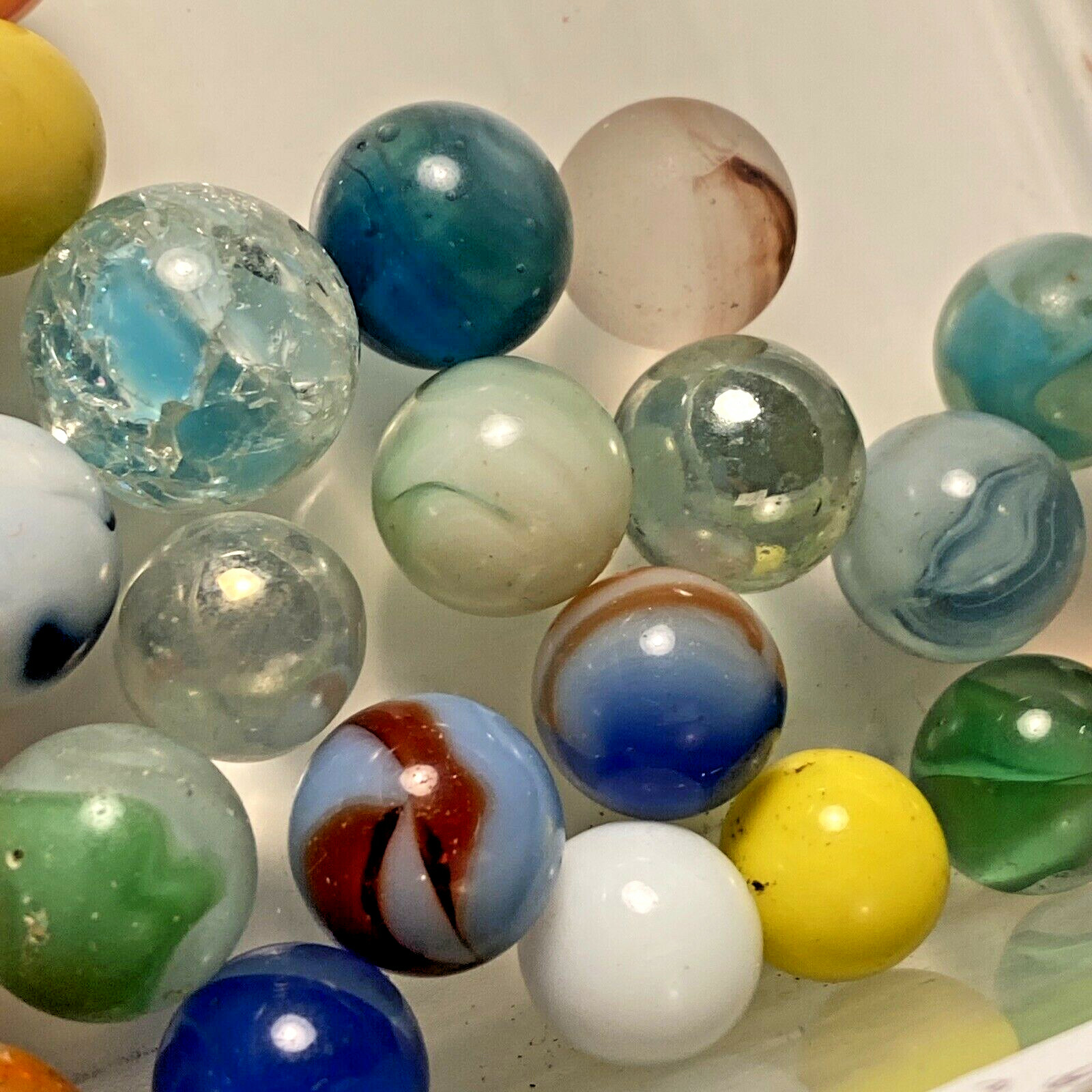 Vintage ? Lot of 34 Marbles Glass Crackle Blue Solid Yellow Green Orange Toy