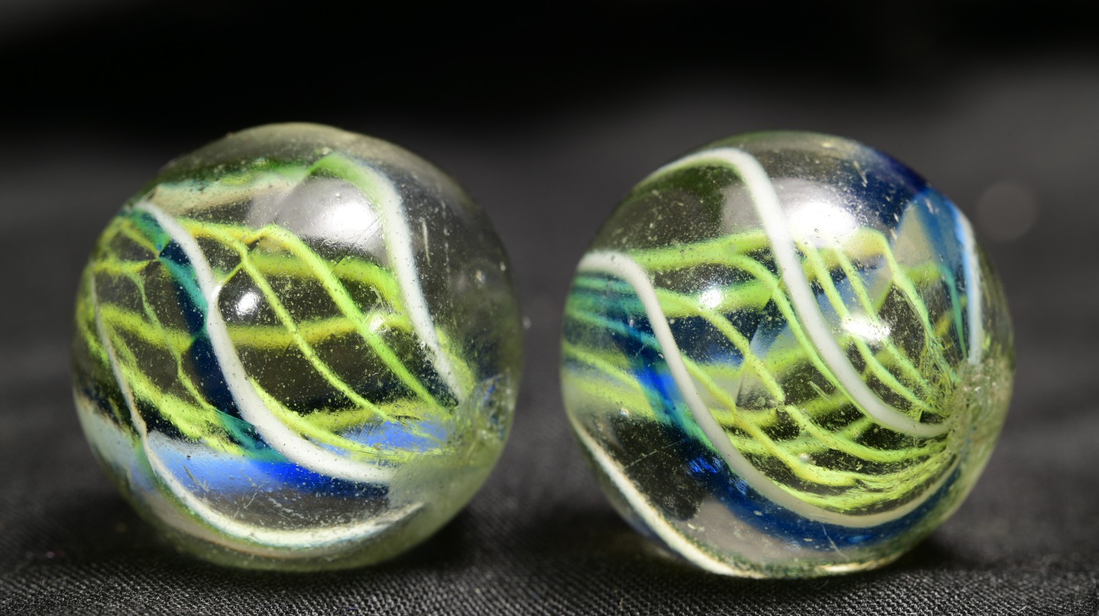 Same Cane Pair Latticino German Handmade Antique Marbles 22mm 27/32”