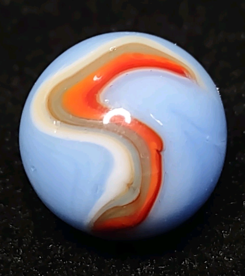 Robin Egg Blue w/ Orange 🔥 Red Peltier Rainbo Glass Vintage Marble .63″ Toy
