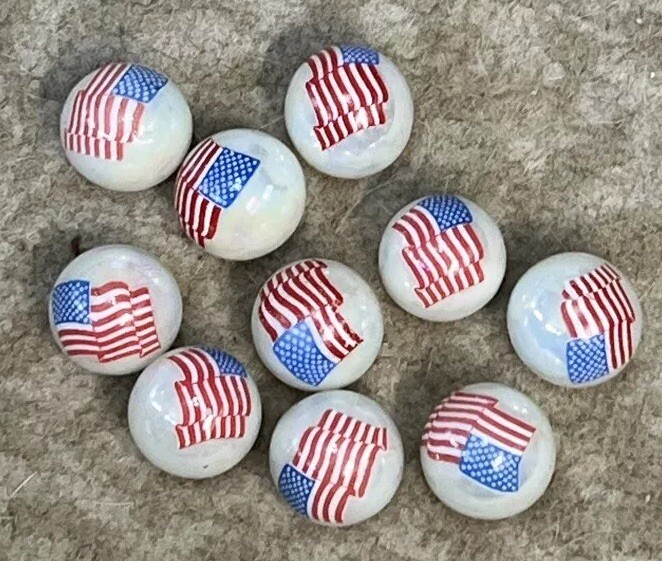 10 Vintage American USA Flag White 1” Glass Marbles Lot