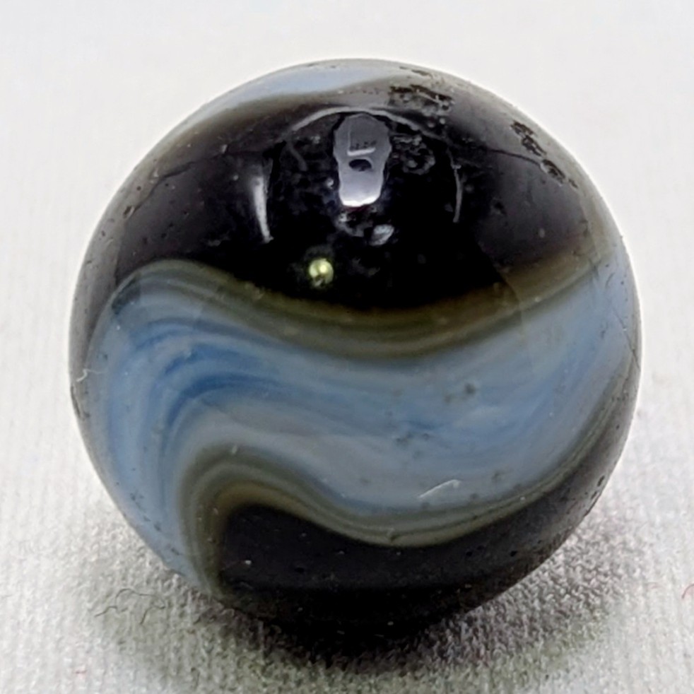 Vintage Glass Swirl Marble 5/8″ Near Mint Black Base Blue Tan WV Ribbon,…