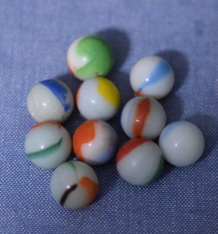 Vintage Lot of 10 White Milk Glass Multi-Color Swirl Marbles 16 mm – .6 in. C118
