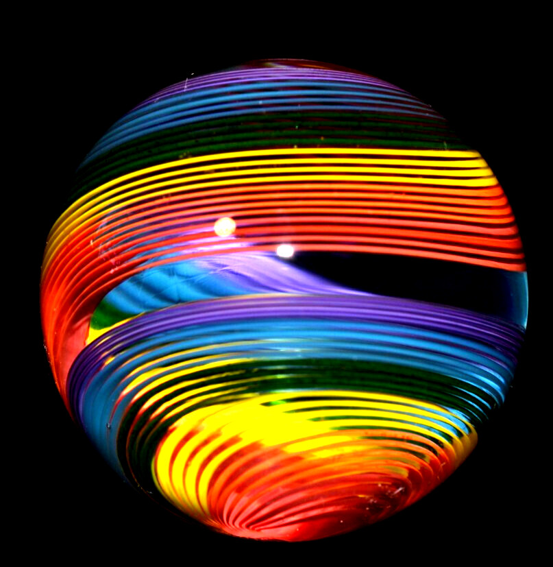 JOHN GIBBONS GLASS MARBLE/1.853″-GREEN LUTZ,RED,ORANGE,MAGENTA,YELLOW,TURQ+