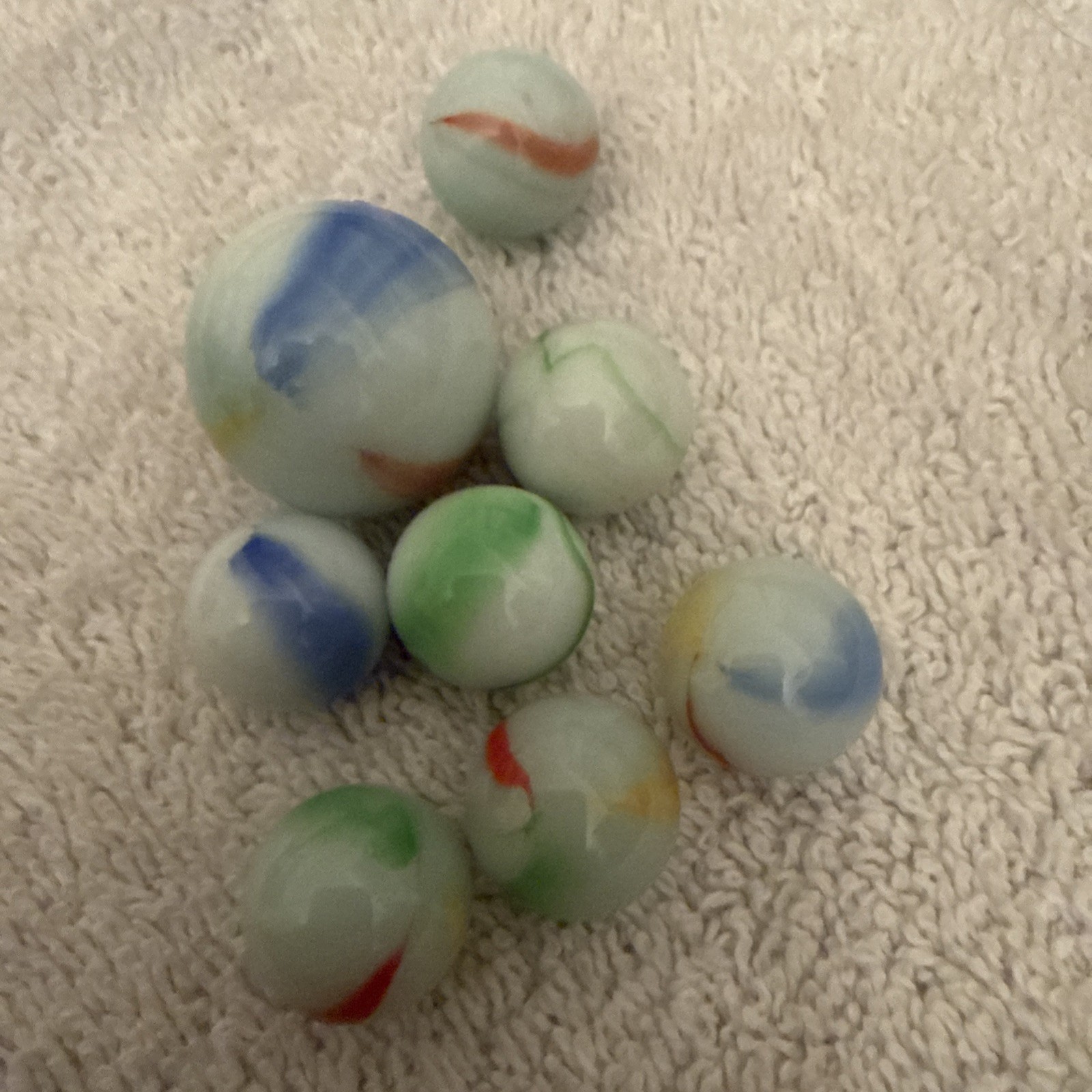 Vintage Glass Marble Collection – Set of 8 – Includes Large Blue Swirl Shooter