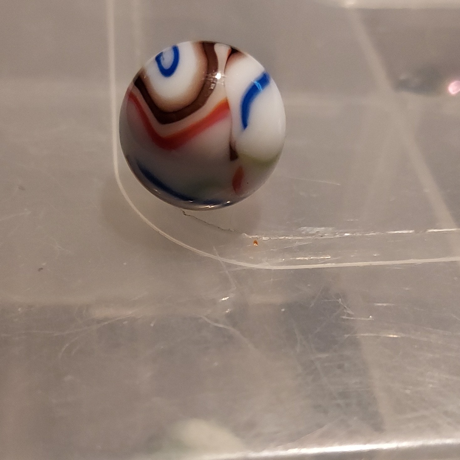 White Base Glass Toy Marble – Blue Red Green & Brown Swirl, Single, Ages 17+