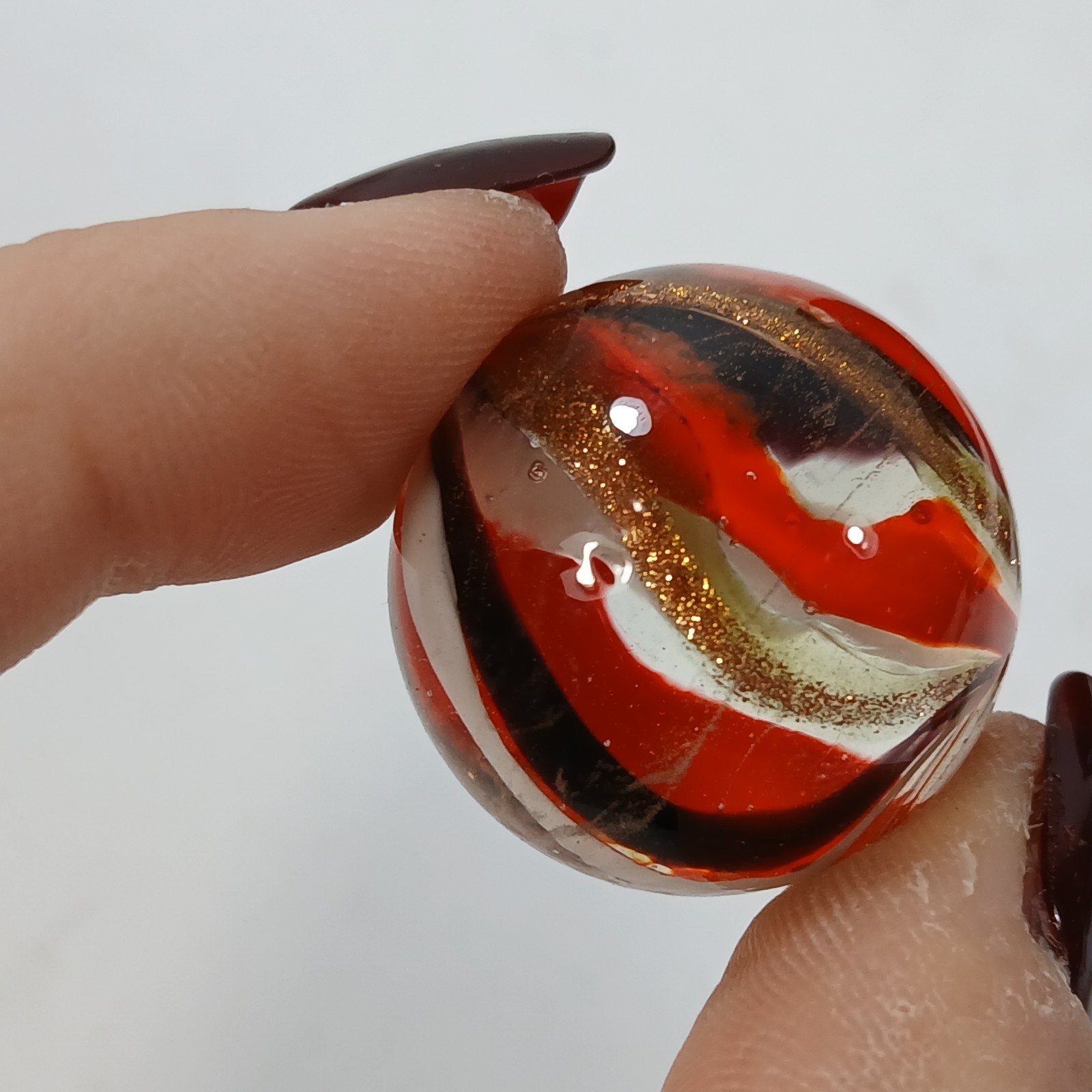 Red White Black Gold banded swirl 1″ Shooter Hot House? Glass Marble Lampwork