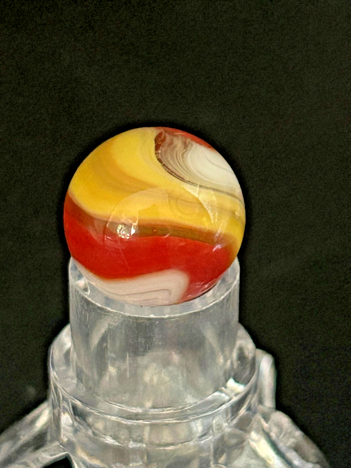 Vintage Akro Agate Popeye Marble, Red/Yellow/White, UV+, .62″, Mint, #AP18