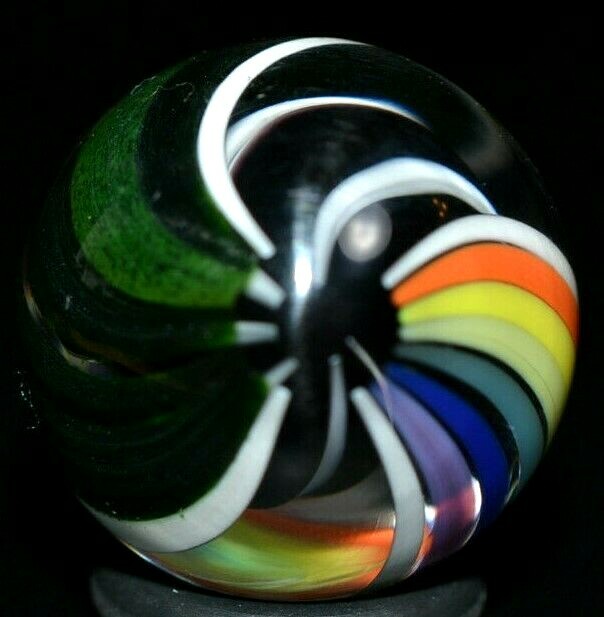 JODY FINE HANDMADE GLASS MARBLE/.880″-ZEBRA CORE w/RAINBOW & GREEN LUTZ RIBBONS-