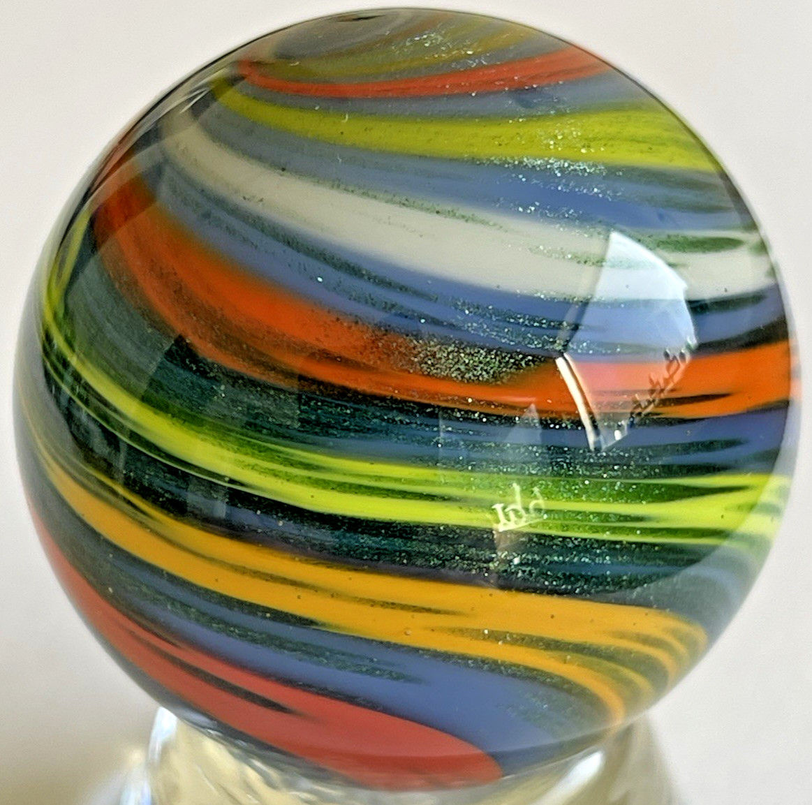 2015 RICK DAVIS MARBLE SIGNED HANDMADE GLASS 1.50 CRAYOLA CRAYON SWIRL SPARKLE