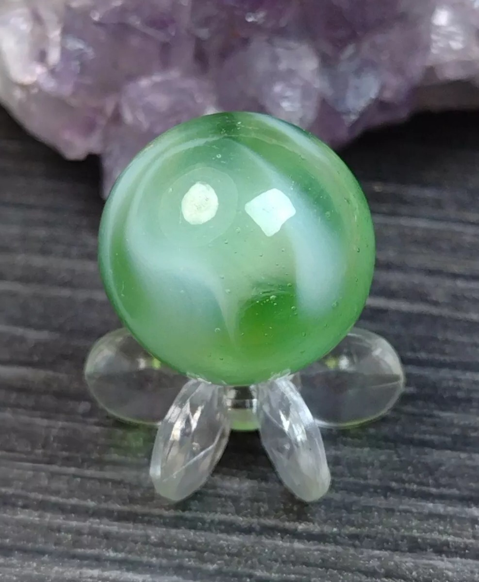 Lime GREEN FIZZY Fat Ribbon Swirl Alley or Cairo Glass NM Vintage Marbles .59″