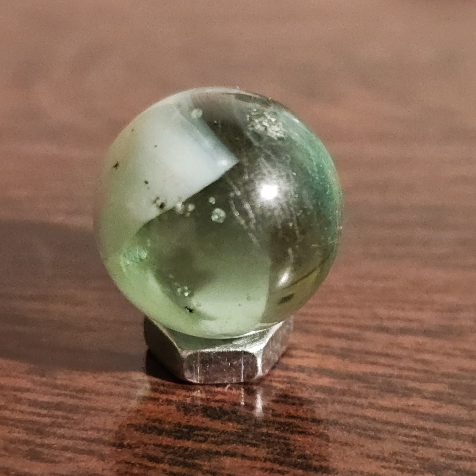 Vintage Master Glass Opaque White Swirl and Green Glass .593 Marble