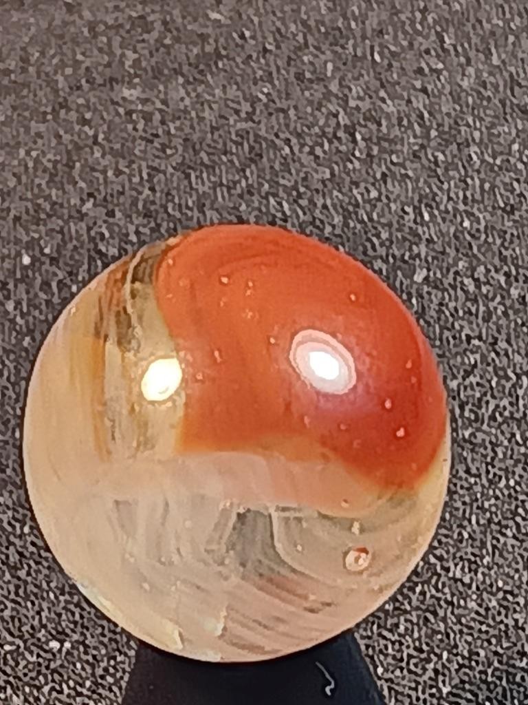 5/8″ Vitro Agate Cardinal Red Patch Wispy White on Clear NM Serious Marble A699