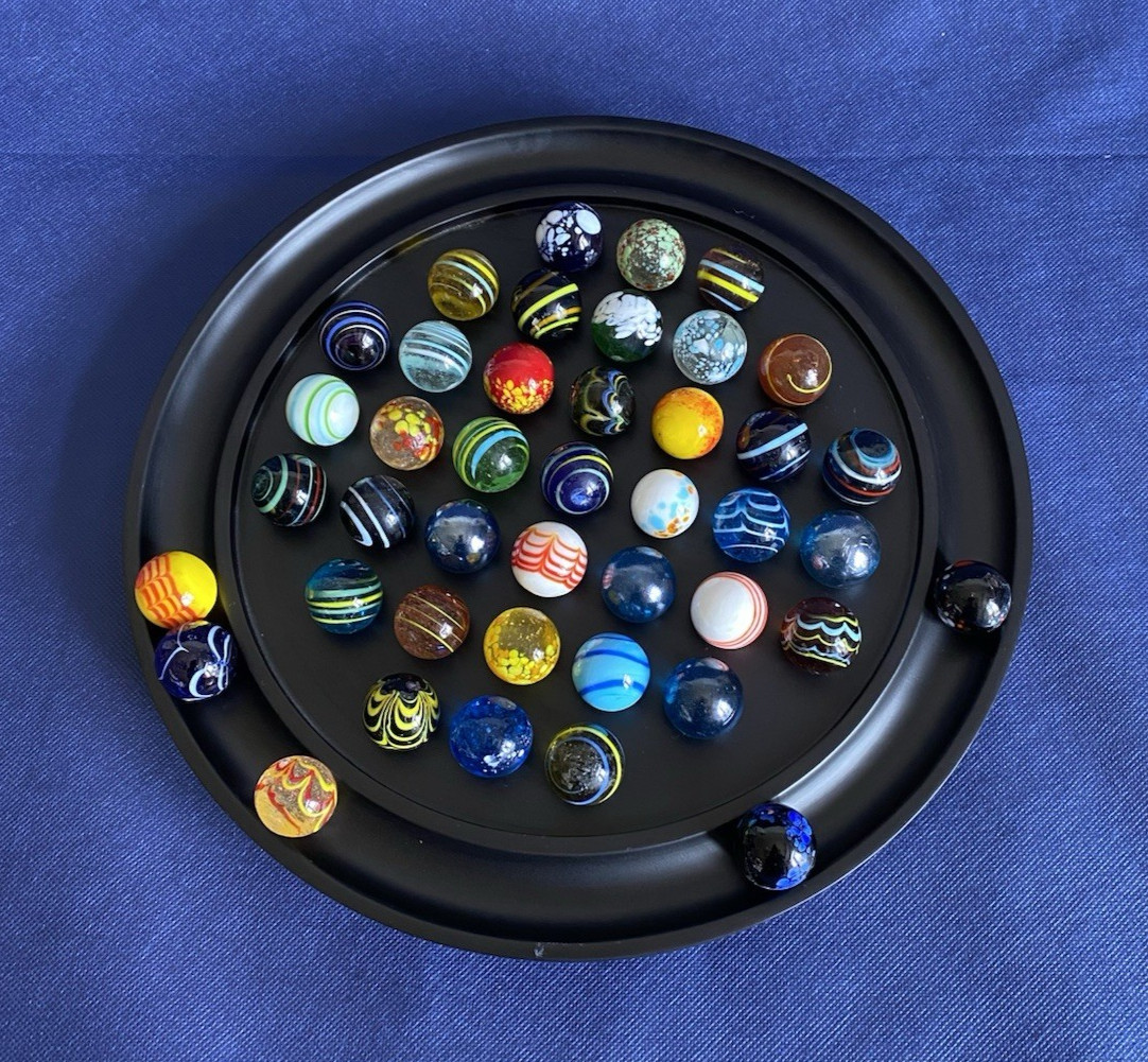 Solitaire Di Venezia Hand Blown Glass Marbles 42 w/Black Wood Base Board