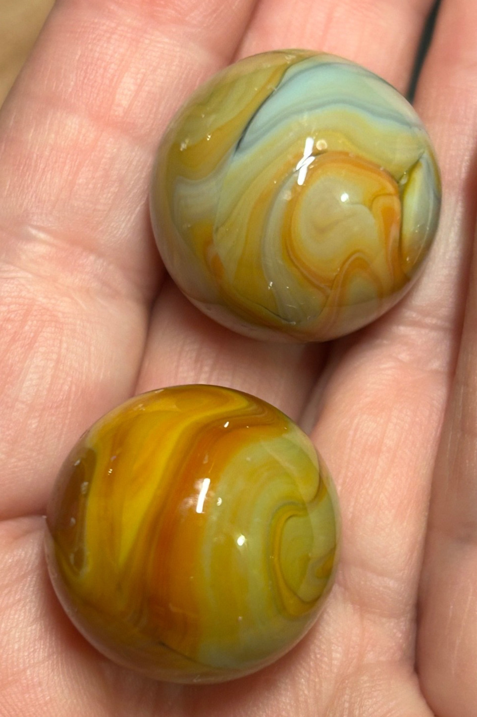 Vintage JABO Glass Swirl Art Marble Shooter Pair 1″ As-Made Factory Crease Marks