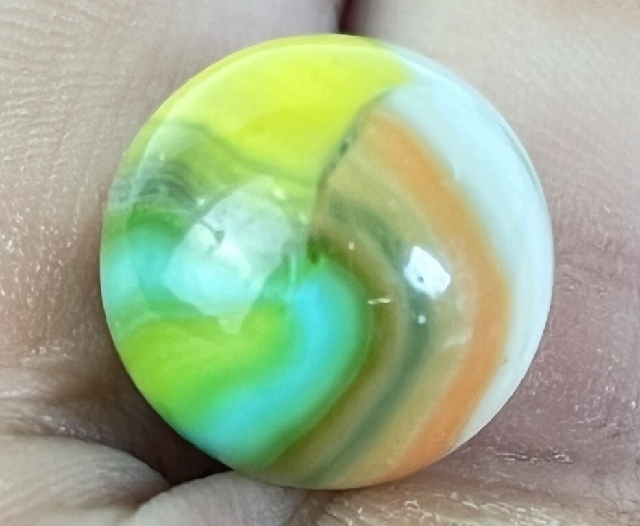 Beautful Akro Agate Peltier Art Swirl Glass Marble .61” Green Yellow Peach White