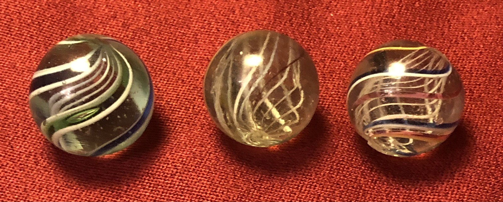 Antique Handblown German Latticinio Ribbon & Divided Core Swirl Marbles wPontils