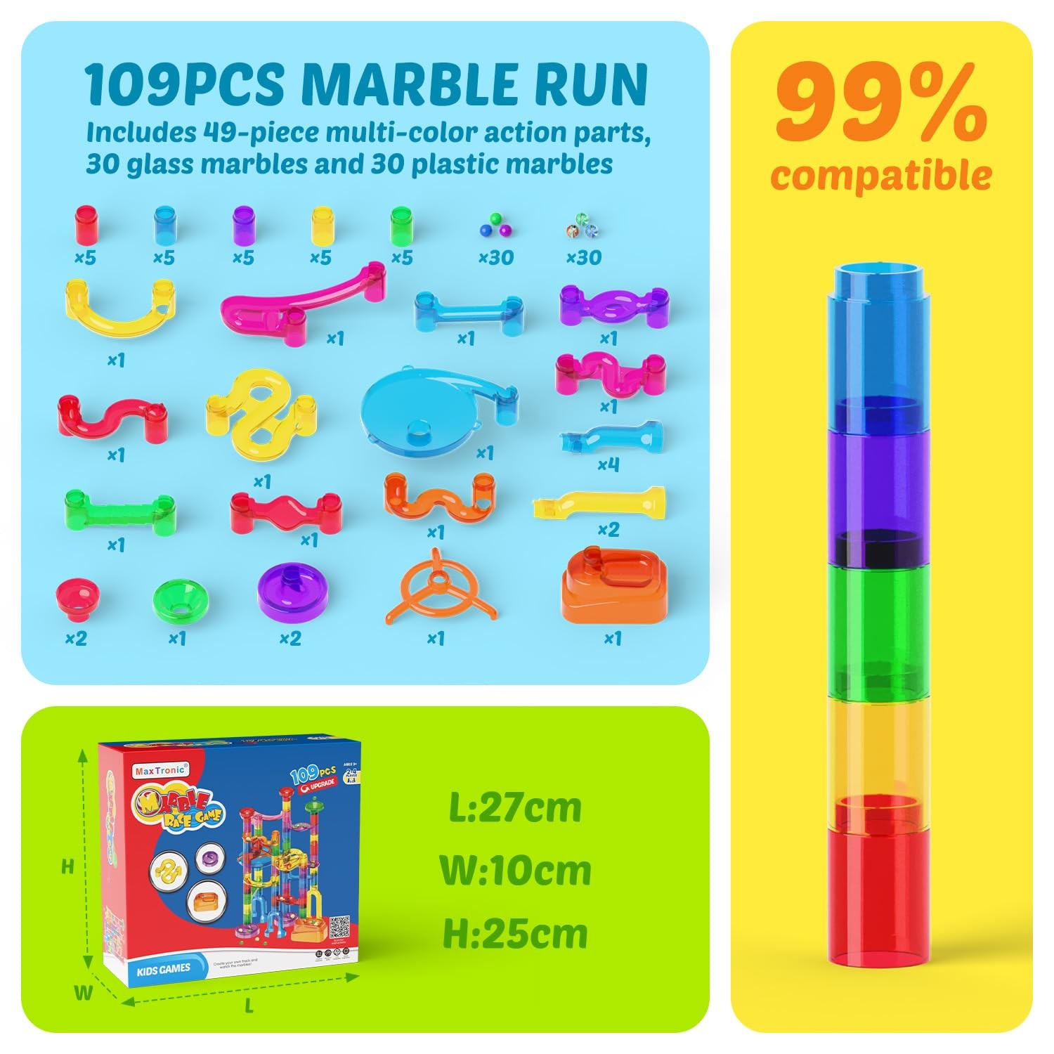 Marble Run Kit for Kids,Upgrade Maze 16mm 25 cm x 10 x 27