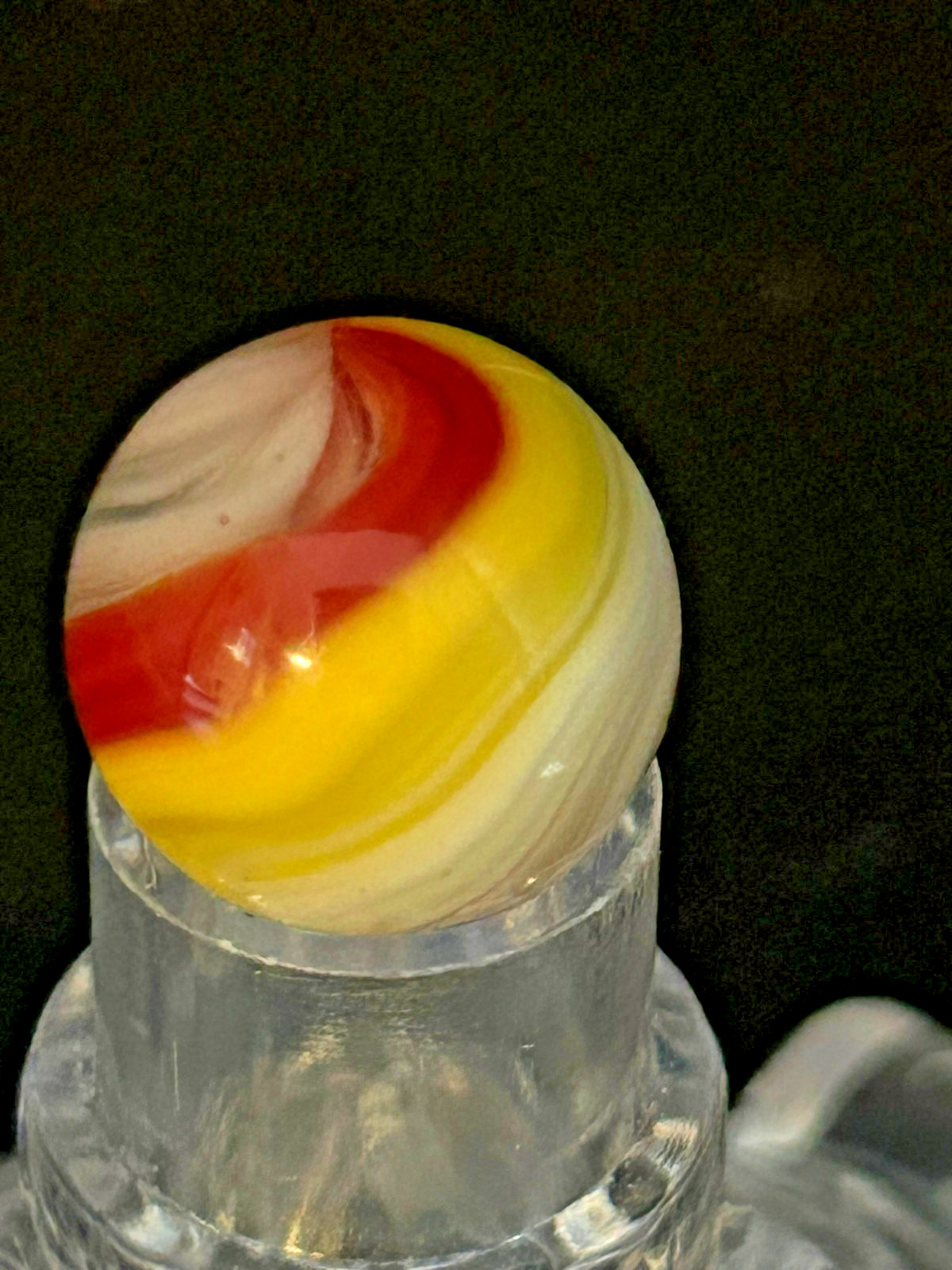 Vintage Akro Agate Popeye Marble, Red/Yellow/White, UV+, .62″, Wet Mint, AP9