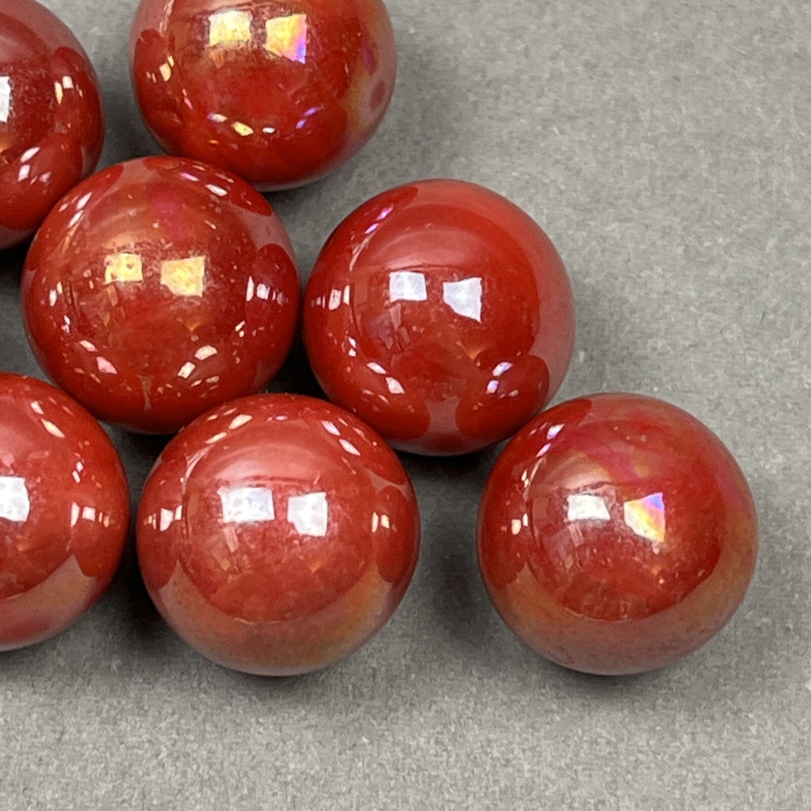 Vintage Lot – (9) Glass Marbles Opaque Orange / Red Fire Iridescent Swirl – 1/2”