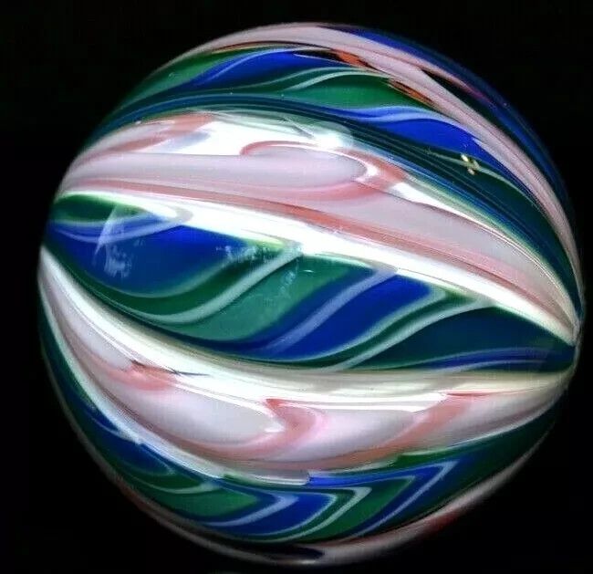 FRITZ LAUENSTEIN GLASS MARBLE/1.623″12 CANE SPECIAL CROWN MARBLE-ROYAL,LIME,ROSE