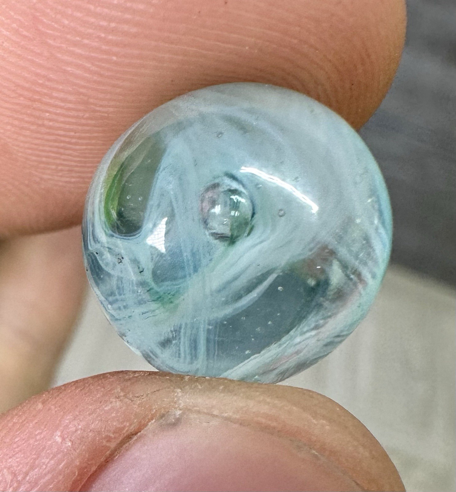 Vintage Center Bubble Swirl Marble Light Blue Bubble Glass Clear Base