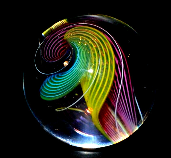 HOT HOUSE GLASS MARBLE/1.425″-DOUBLE 3 #18 TRANSPARENT-LIME,TURQ,GOLD LUTZ