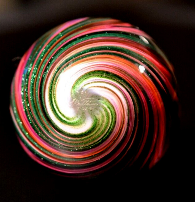 MARK MATTHEWS GLASS MARBLE/2.250″-RASPBERRY SPLOOSH-GREEN LUTZ,LAVENDER,ROSE,PNK