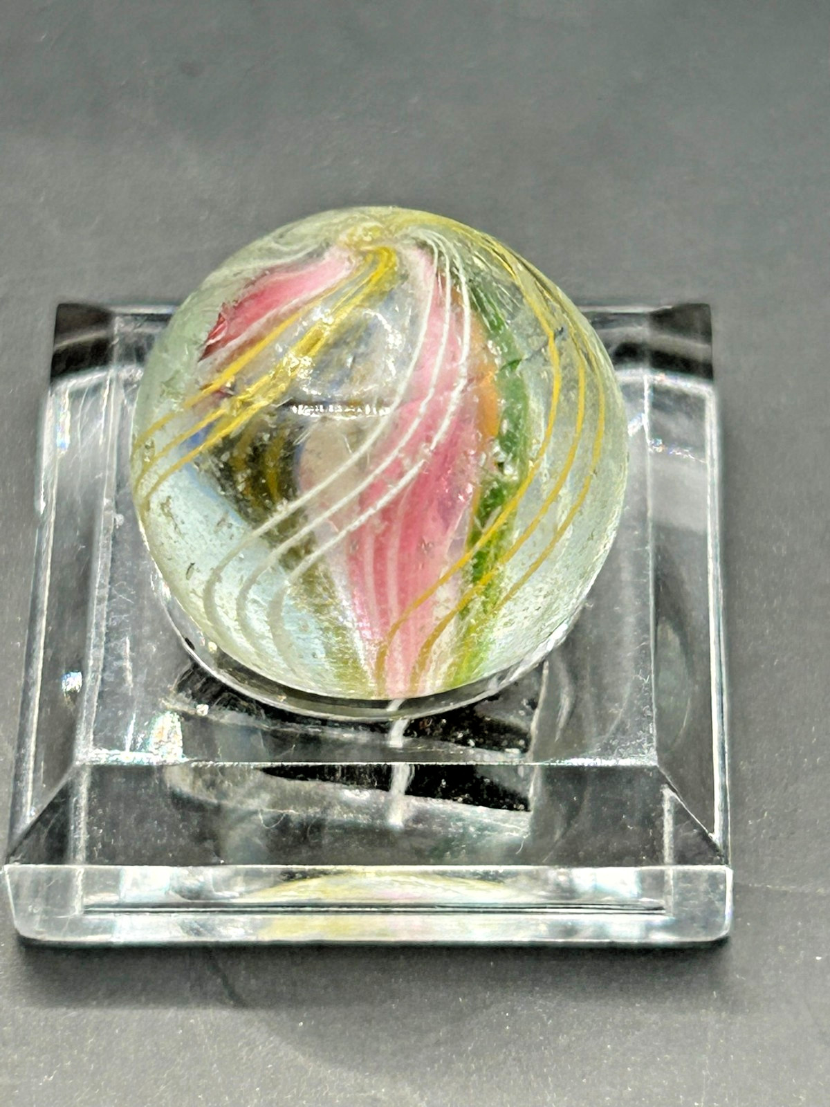 German Divided Core Latticino Swirl Marble 19/32″ NM+ Pink Yellow Green E1.29