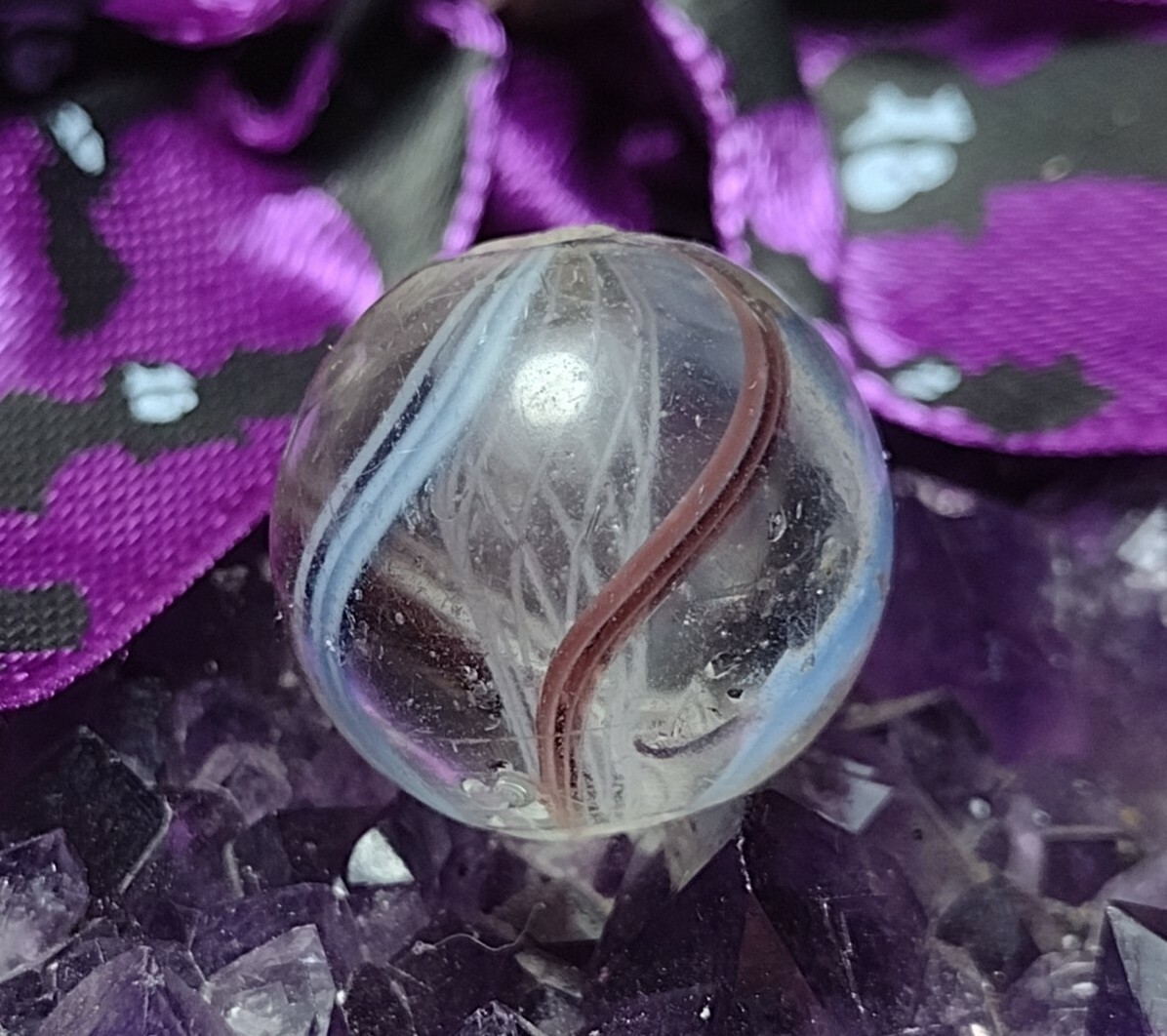 CHARMING PURPLE 💎 White LATTICINIO Net SWIRL Play GERMAN Glass Marbles .67″