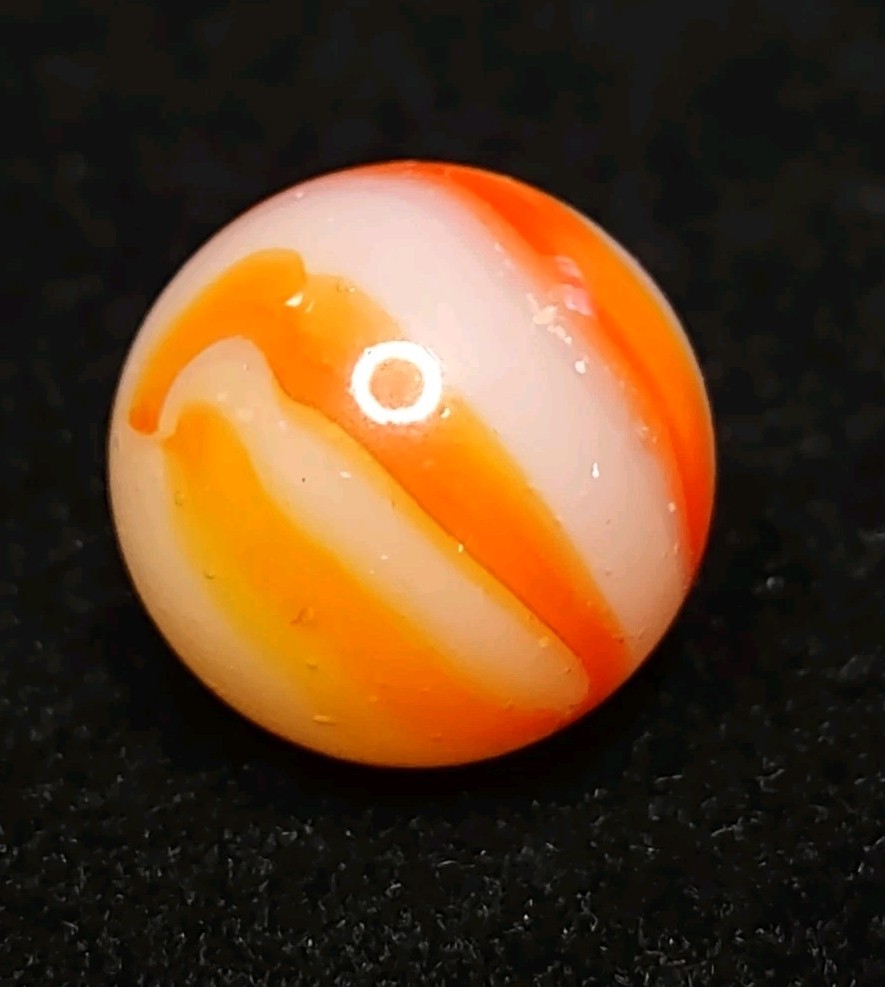 Yellow & Orange & Wh. Bubbly ClearBase Peltier Rainbo Glass VINTAGE Marble .64″
