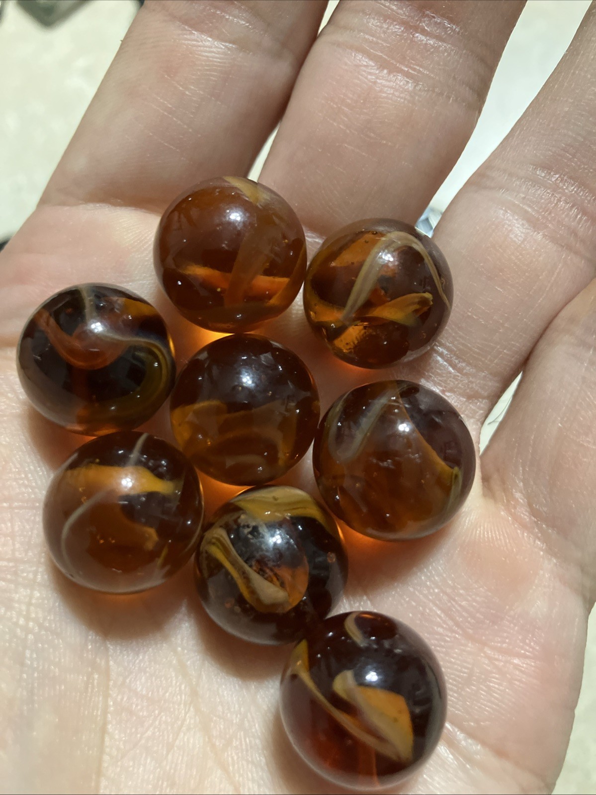 8pc Vitro Agate Marble Lot, Transparent Amber with Cream Swirl, Excellent Cond