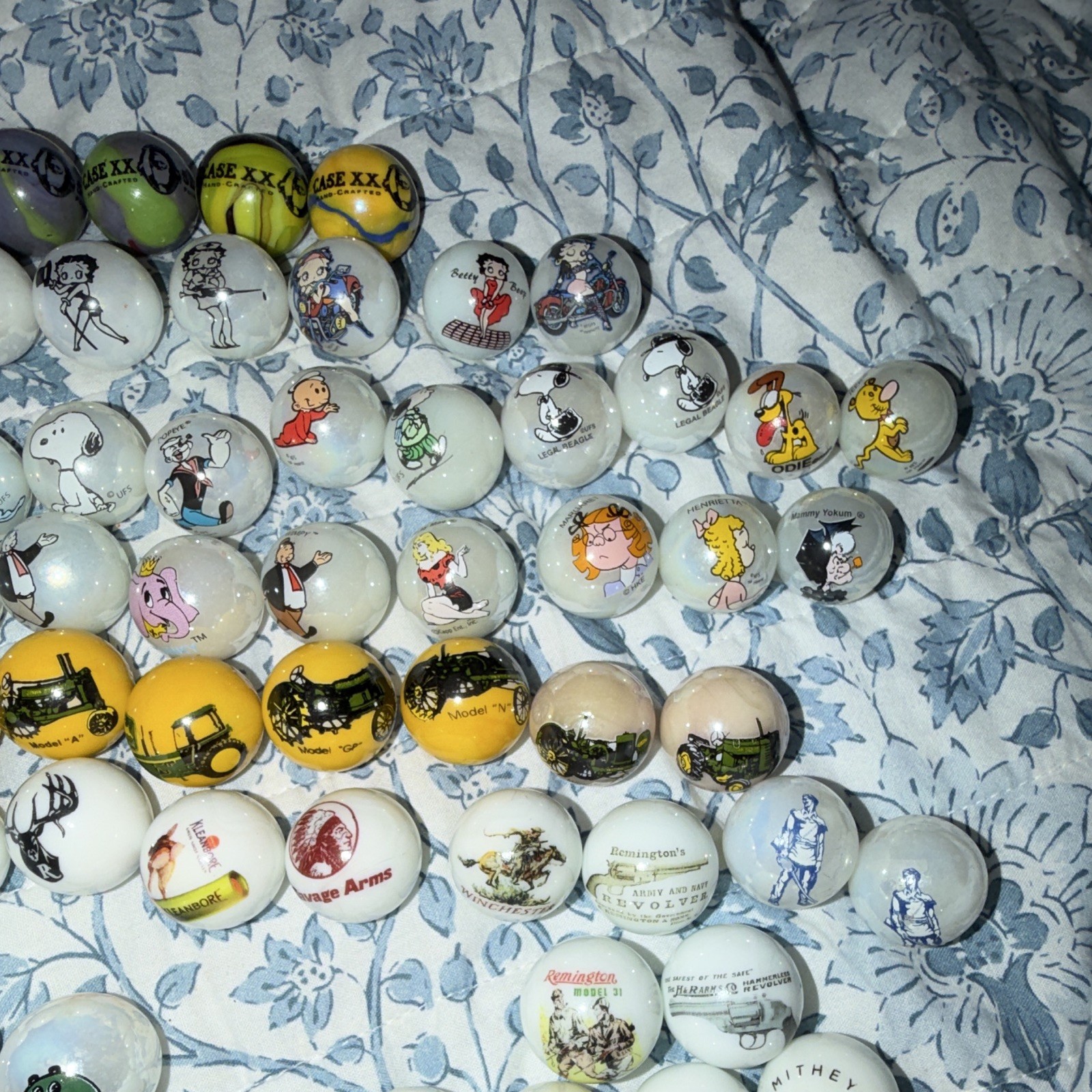 Lot of Logo Printed Glass Toy Marbles, Cartoon & Advertising Designs, Lot of 74