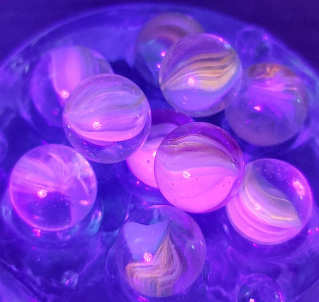 Lot 10 VTG UV Reactive Marbles Cadmium Uranium Cats Eye SMALL SIZE Unique!
