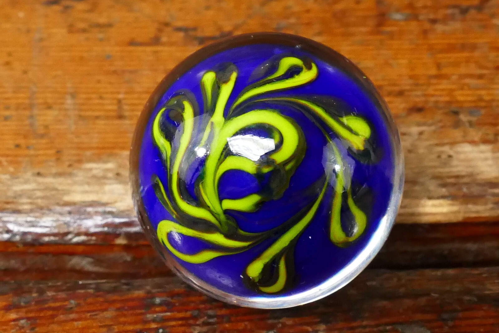 Vintage Hand Blown Art Glass Marble Yellow & Blue Flower Floral Design – 1 1/4”
