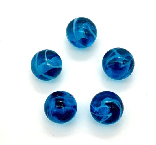 Bulk 16mm “Tidal Wave II” Glass Marble Players Pk 100 Dark Blue w White Swirls