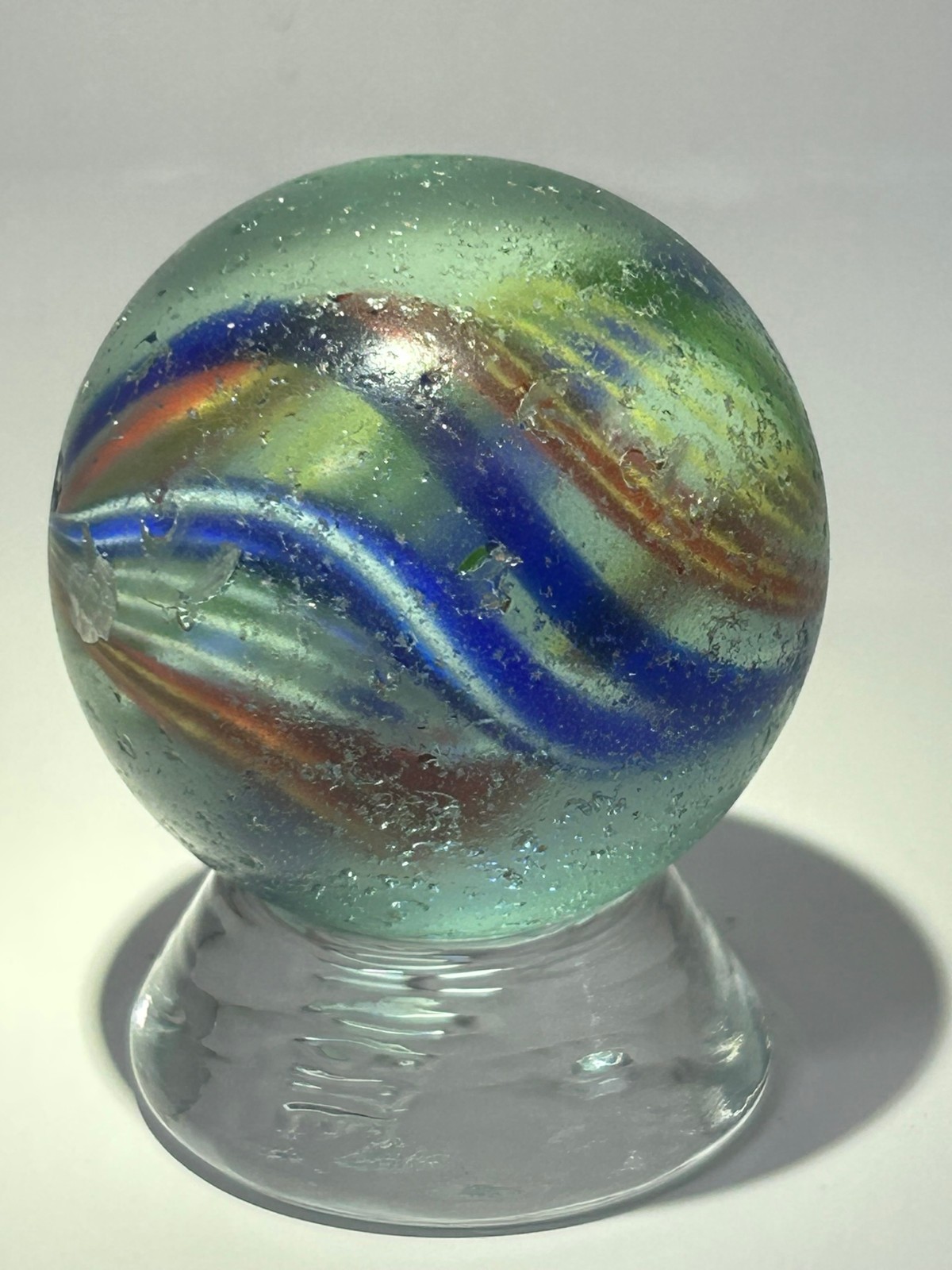 Antique German Handmade Divided Core Jelly Ribbon Swirl Marble 1-51/64″ NM E3.15