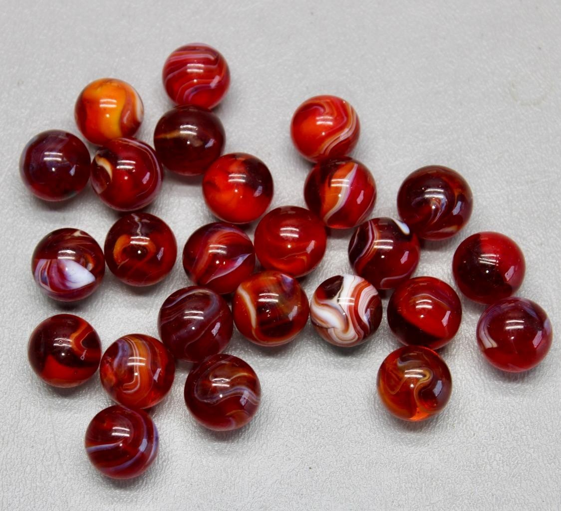 RARE BOX OF 25 AKRO AGATE NO. 0 CARDINAL RED MARBLES • EXCELLENT CONDITION