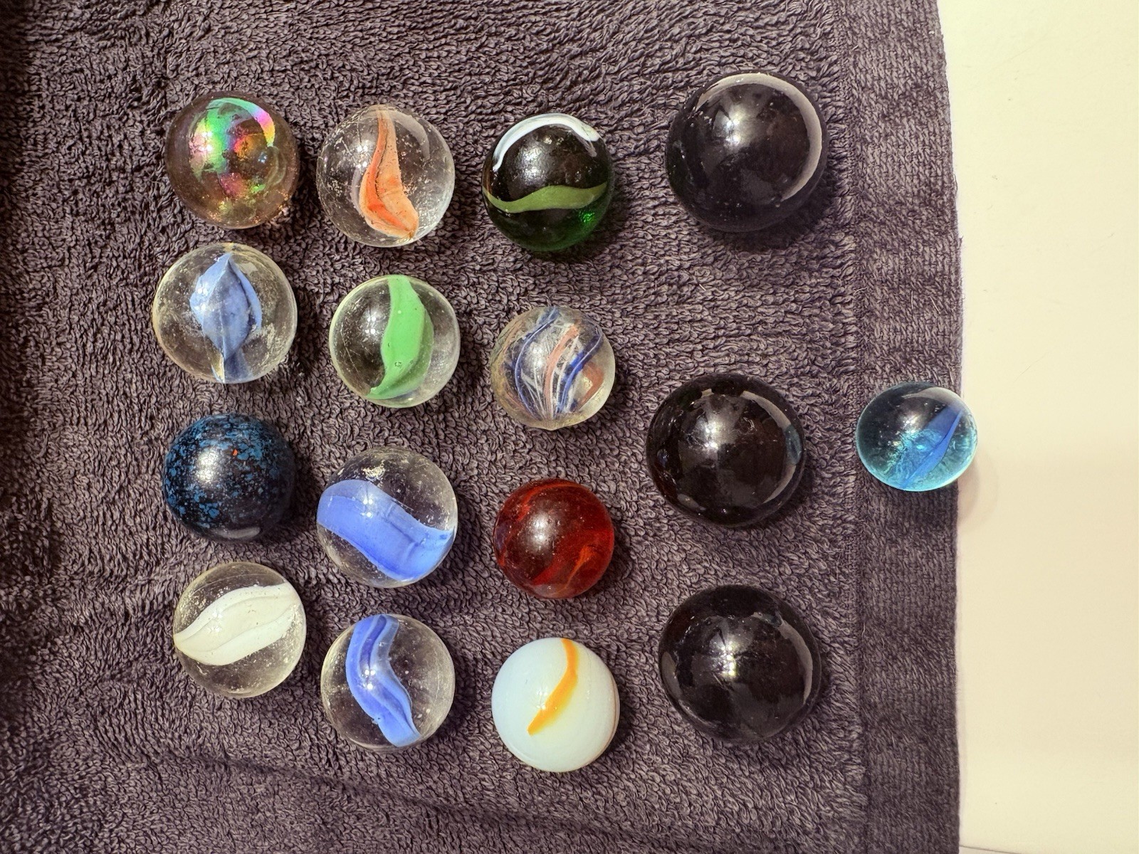 Mixed Lot of 16 Glass Toy Marbles, Assorted Colors & Swirls, Machine Made