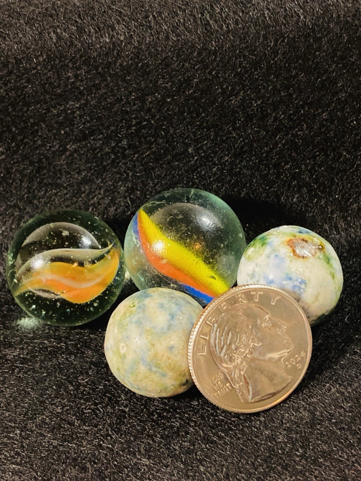 2 ANTIQUE VINTAGE BENNINGTON MARBLES FANCY MULTICOLORED 1800’s HANDMADE GLAZED