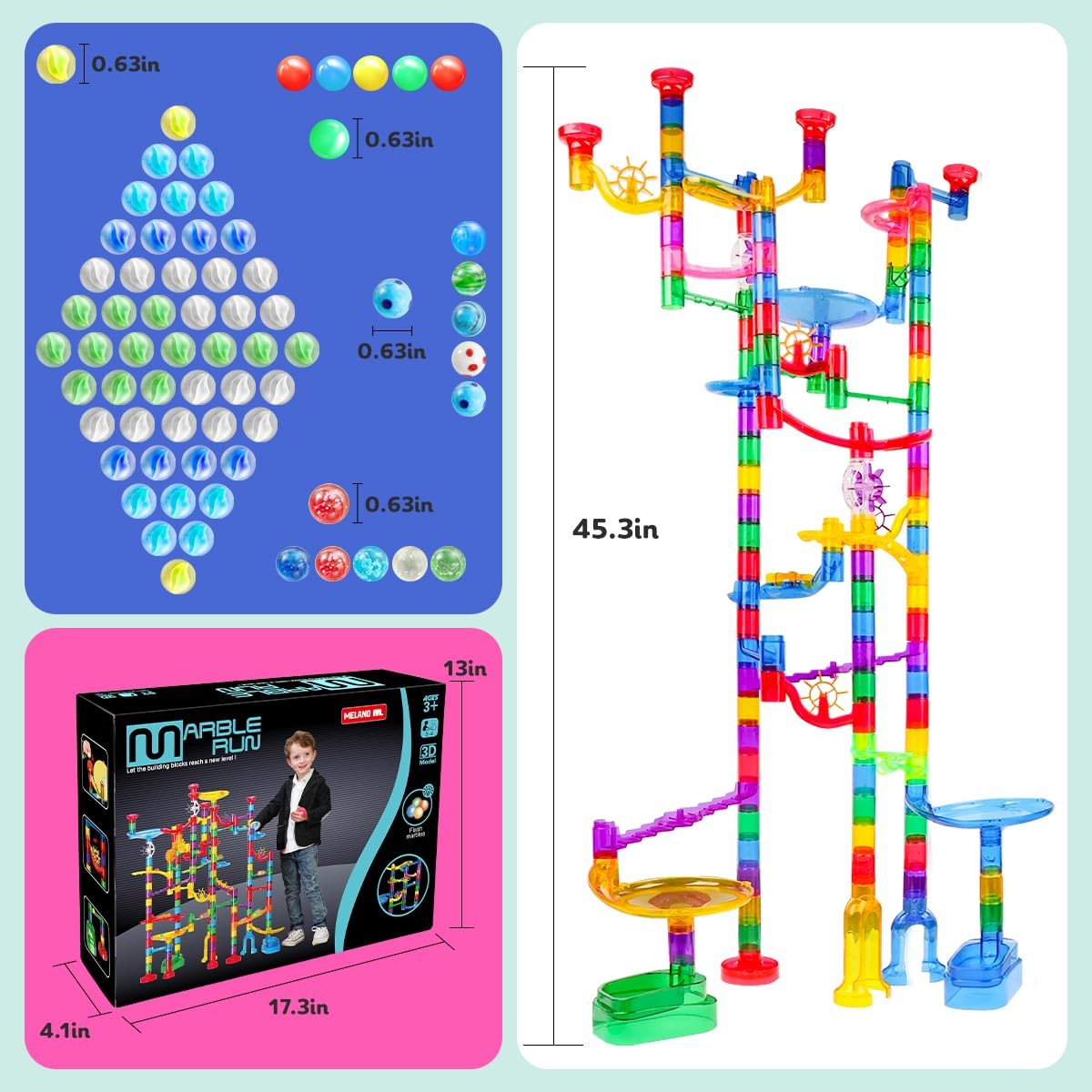 Meland Marble Run – 208Pcs Maze 4 inches x 17 x 12 inches, Blue