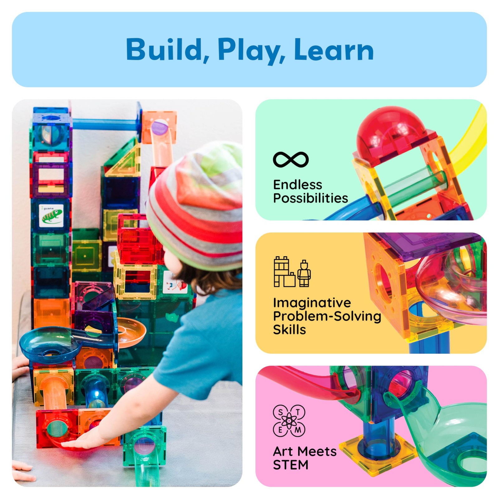 PicassoTiles 70pc Marble Run Magnetic 11.75 x 14 x 3.25 inches, Multicolored